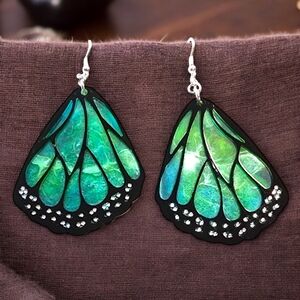 Lyra Handcrafted Green Marbled Resin Dangle Earrings/Butterfly Wings/Butterfly